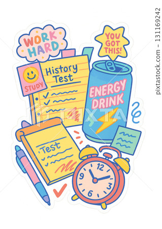Back to school items including energy drink, history test, clock, and notes. Isolated on transparent background Back to school items including energy drink, history test, clock, and notes. Isolated on transparent background 131169242