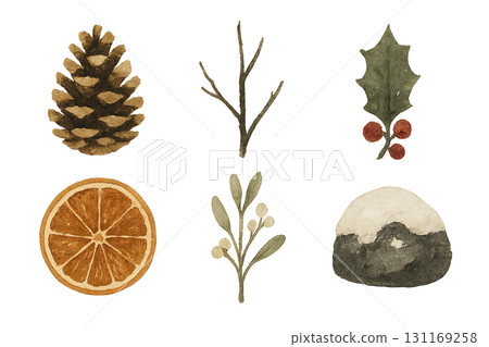 Wabi sabi winter elements featuring pine cone, orange slice, holly, isolated 131169258