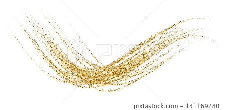 Gold stipple flow waves, glitter undulate pattern. Dynamic golden waves with small particles and shine effects. Golden vector curved dashed gradient flow for holiday design, abstract background Gold stipple flow waves, glitter undulate pattern. Dynamic golden waves with small particles and shine effects. Golden vector curved dashed gradient flow for holiday design, abstract background 131169280