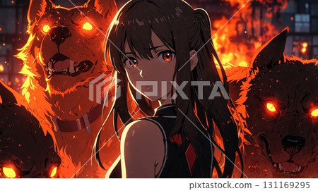 ChatGPT: A girl with a flame behind her and a dog with red eyes: a fantastical scene symbolizing strength and bonds 131169295