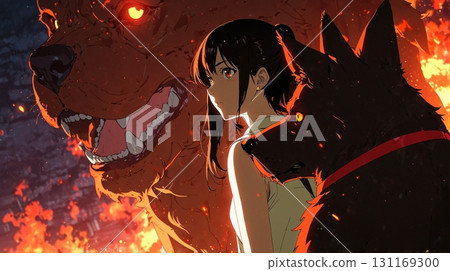 ChatGPT: A girl with a flame behind her and a dog with red eyes: a fantastical scene symbolizing strength and bonds 131169300