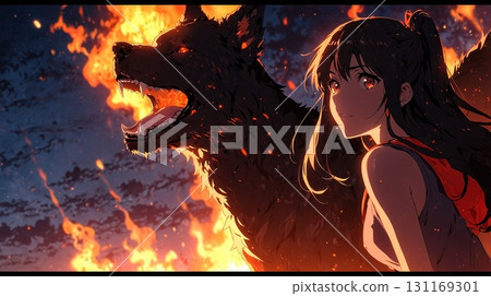ChatGPT: A girl with a flame behind her and a dog with red eyes: a fantastical scene symbolizing strength and bonds 131169301