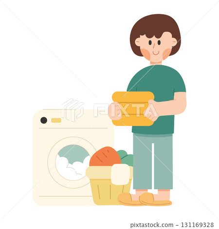 Vector cartoon illustration of a young woman doing laundry with a washing machine. Household chores, domestic life, and work from home concept. 131169328