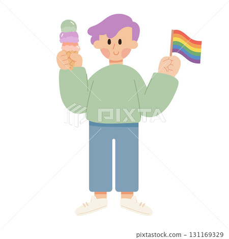 Vector cartoon illustration of LGBTQ character holding a pride flag. Diversity, equality, and gender identity concept. Vector cartoon illustration of LGBTQ character holding a pride flag. Diversity, equality, and gender identity concept. 131169329