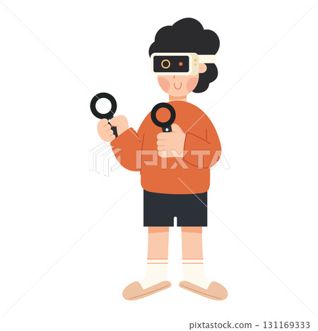 Vector cartoon illustration of a boy using VR glasses. Virtual reality, gaming, and digital technology concept. Vector cartoon illustration of a boy using VR glasses. Virtual reality, gaming, and digital technology concept. 131169333