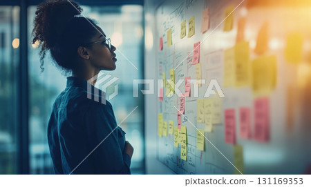 Creative brainstorming session with woman analyzing sticky notes on whiteboard, showcasing collaboration and planning in modern workspace Creative brainstorming session with woman analyzing sticky notes on whiteboard, showcasing collaboration and planning in modern workspace 131169353