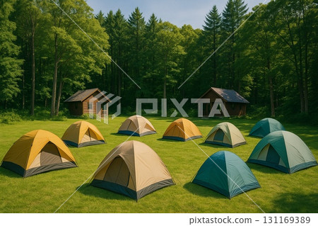 露營地圖像、帳篷、小屋、逼真 131169389