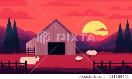 serene traditional farm scene featuring barn, sheep, and vibrant sunset. landscape includes mountains and trees, creating peaceful rural atmosphere serene traditional farm scene featuring barn, sheep, and vibrant sunset. landscape includes mountains and trees, creating peaceful rural atmosphere 131169401