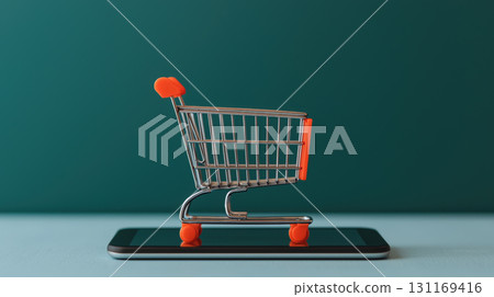 digital shopping cart on smartphone, symbolizing online shopping convenience. cart is metallic with orange accents, showcasing modern retail trends 131169416