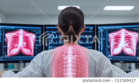 Medical professional analyzing spine and lung scans on monitors 131169417