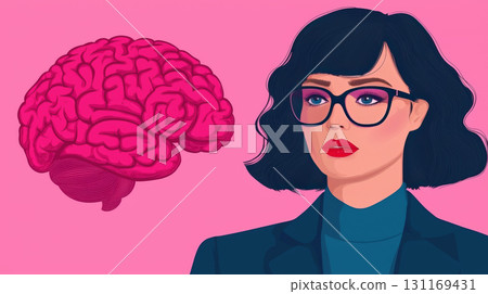 Illustration of woman with glasses and pink brain graphic, symbolizing intelligence and creativity. vibrant colors create striking visual impact 131169431