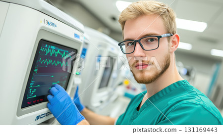Technician operating medical scanner in healthcare setting, focused on patient data. environment is clinical and professional, showcasing advanced medical technology Technician operating medical scanner in healthcare setting, focused on patient data. environment is clinical and professional, showcasing advanced medical technology 131169443
