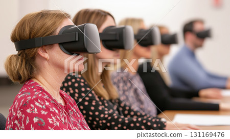 Immersive technology experience with professionals using VR headsets in training session. Engaged participants focus on virtual reality applications 131169476