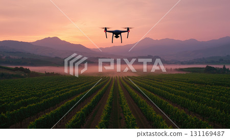 serene scene of drone flying over vineyard at sunset, capturing beauty of landscape with mountains in background and mist rising over fields 131169487