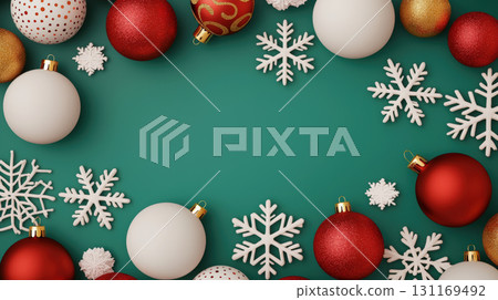 Festive Christmas ornaments and snowflakes arranged on teal background create cheerful holiday atmosphere. Perfect for seasonal decorations and celebrations 131169492