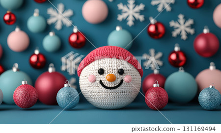 cheerful snowman decoration surrounded by colorful ornaments and snowflakes creates festive atmosphere. Perfect for holiday celebrations and winter themes 131169494