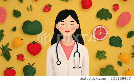 health professional surrounded by colorful fruits and vegetables, promoting healthy lifestyle. vibrant background emphasizes nutrition and wellness health professional surrounded by colorful fruits and vegetables, promoting healthy lifestyle. vibrant background emphasizes nutrition and wellness 131169497