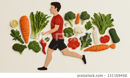 man jogging surrounded by fresh vegetables and fruits, symbolizing healthy lifestyle and nutrition. This visual representation emphasizes fitness and well being man jogging surrounded by fresh vegetables and fruits, symbolizing healthy lifestyle and nutrition. This visual representation emphasizes fitness and well being 131169498