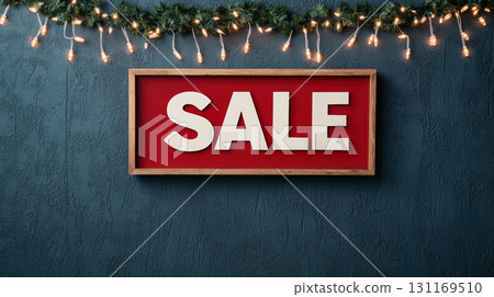 Sale sign displayed on textured wall, decorated with festive lights and greenery, creating warm and inviting atmosphere for holiday shopping Sale sign displayed on textured wall, decorated with festive lights and greenery, creating warm and inviting atmosphere for holiday shopping 131169510