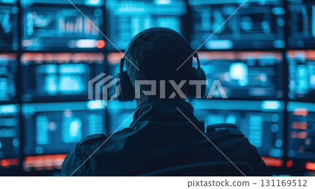 person wearing headphones sits in front of multiple screens displaying data and graphs in futuristic office environment. blue lighting creates high tech atmosphere 131169512