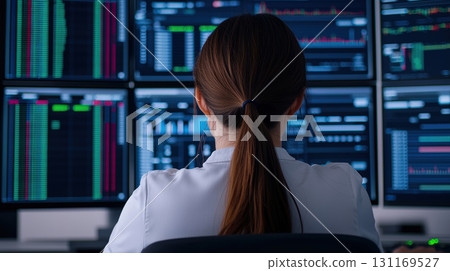 businesswoman analyzing data on multiple screens in modern office environment, focused on financial trends and market analysis 131169527