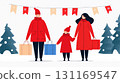 family joyfully shopping together in winter attire, holding colorful bags. festive atmosphere is enhanced by decorations and snowy trees 131169547