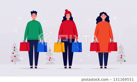 Festive shopping scene with cheerful shoppers holding colorful bags. atmosphere is joyful, featuring Christmas trees and wintery backdrop Festive shopping scene with cheerful shoppers holding colorful bags. atmosphere is joyful, featuring Christmas trees and wintery backdrop 131169551