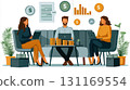Financial advisor discussing investment strategies with clients, showcasing gold and financial growth. Engaging atmosphere with charts and currency symbols 131169554