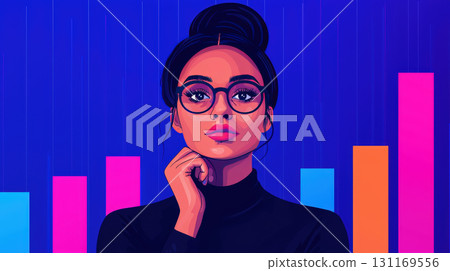 financial analyst presenting report with colorful graphs in background, showcasing data analysis and professional insight 131169556