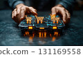 Hands interacting with digital shopping cart interface on circuit board, symbolizing e commerce and technology integration. glowing carts represent online shopping 131169558