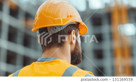 Construction worker wearing safety helmet and vest, observing site Construction worker wearing safety helmet and vest, observing site 131169559