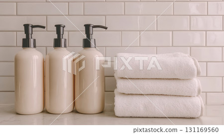 Elegant bathroom countertop with three cream colored bottles and stacked white towels, creating serene and organized atmosphere Elegant bathroom countertop with three cream colored bottles and stacked white towels, creating serene and organized atmosphere 131169560