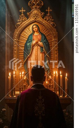 Praying priest before a religious icon of virgin Mary. The priest stands before a richly decorated icon of the Virgin Mary, dressed in blue and white robes in a gold frame. 131169561