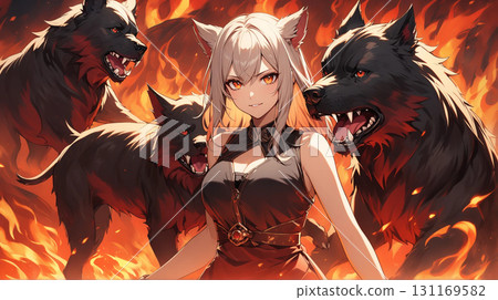 A sleeveless girl with flames at her back and several black dogs, a scene symbolizing power and dignity. 131169582