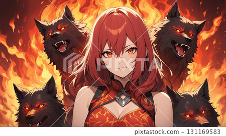 一個無袖的女孩，背後有火焰，還有幾隻黑狗，這一幕象徵著權力和尊嚴。 131169583