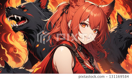 一個無袖的女孩，背後有火焰，還有幾隻黑狗，這一幕象徵著權力和尊嚴。 131169584