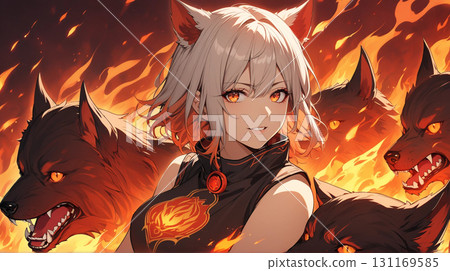 一個無袖的女孩,背後有火焰,還有幾隻黑狗,這一幕象徵著權力和尊嚴。 一個無袖的女孩,背後有火焰,還有幾隻黑狗,這一幕象徵著權力和尊嚴。 131169585