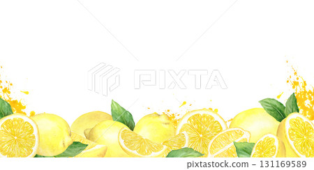 Lemon frame: lemons, halves, slices, leaves and splashes. Hand drawn in watercolor isolated on a white background. For design and printing of menus, packaging, cards. 131169589