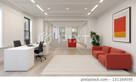 Modern office interior featuring bright workspace with red sofa, white desk, and large windows. design promotes creativity and productivity in spacious environment 131169595