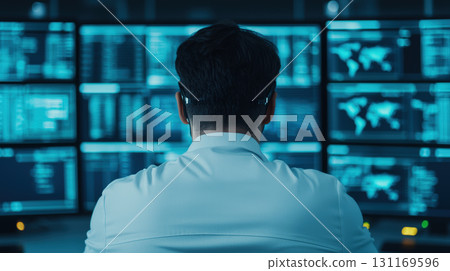 professional observing data on multiple screens in modern office environment, showcasing technology and analytics 131169596