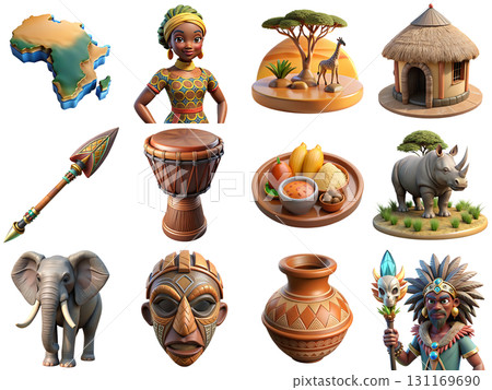 3d icons of african culture and heritage, including tribal mask, drum, baobab tree, continent shape, local fauna 131169690