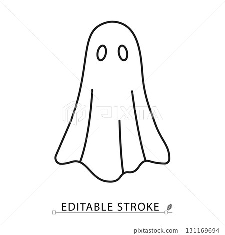 A halloween ghost icon in a minimalist line style with editable stroke. Spooky costume spirit, scary paranormal phantom, horror party decoration, supernatural creature, haunted monster. 131169694
