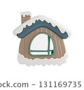 A cute cartoon-style toy house with a snow-covered roof and chimney, isolated on a white background. 131169735
