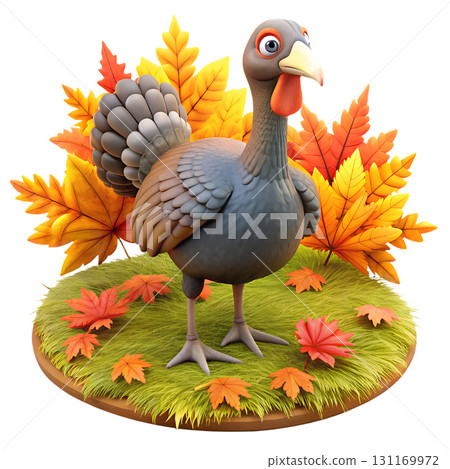 Cute 3d cartoon turkey standing amidst colorful maple autumn leaves, thanksgiving holiday concept isolated Cute 3d cartoon turkey standing amidst colorful maple autumn leaves, thanksgiving holiday concept isolated 131169972
