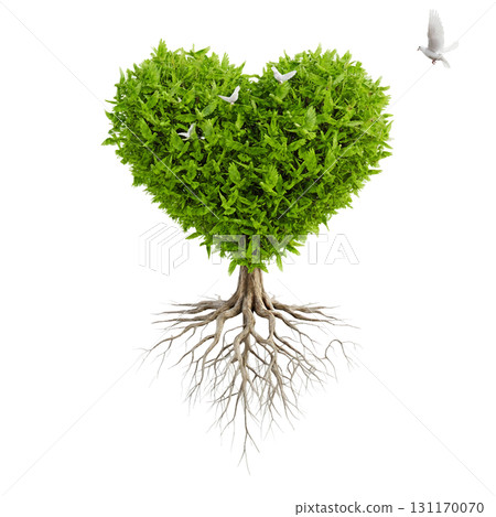 一棵心形的綠樹，上面棲息著一隻鴿子 131170070