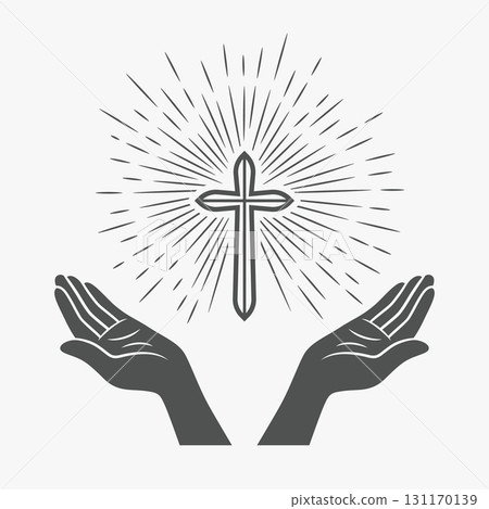 Black and White Open Hands with Cross and Divine Light, Symbol of Faith and Prayer. Design Template for Church Logo. Prayer, Religion Concept Monochrome Cut Out Silhouette Icon. Vector Illustration 131170139