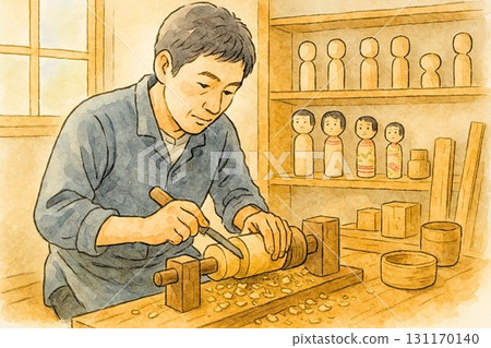 A kokeshi craftsman at work, carving the wooden base of a kokeshi doll on a woodworking lathe 131170140