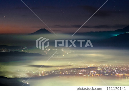 Starry sky | Mt. Fuji floating in a sea of clouds | City lights Starry sky | Mt. Fuji floating in a sea of clouds | City lights 131170141