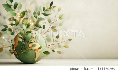 Green globe surrounded by lush leaves and branches, symbolizing ecology, sustainability, and global unity in a serene environment 131170269