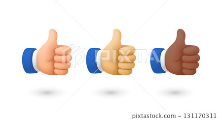 Vector 3d Thumbs Up Hand Icon Set. Like Gesture Symbol, Approval Sign, OK Positive Feedback, Social Media Reaction. Different Skin Tone Hands. Agreement and Support Vector Illustration, Isolated 131170311